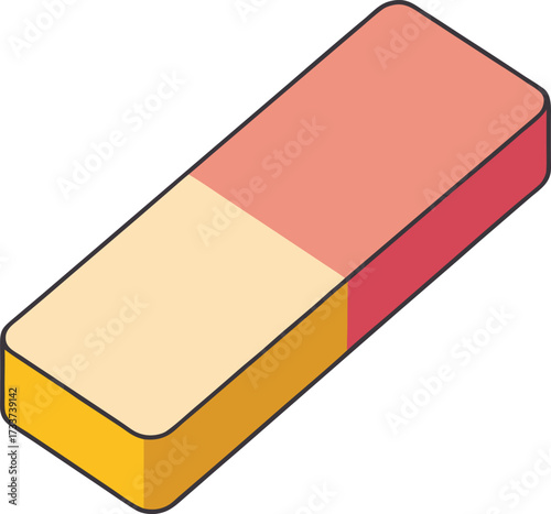 Flat design illustration of a rectangular eraser with pink yellow and orange sections stationery vector illustration EPS file download.
