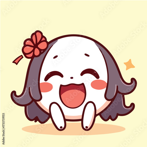 Adorable round cartoon mascot character laughing with a big happy smile. A cheerful and cute vector graphic design with a flower hairpin