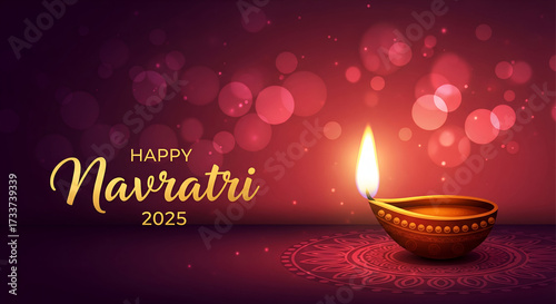 Elegant Happy Navratri 2025 greeting banner with a traditional glowing diya oil lamp on a rangoli design and festive red bokeh background.