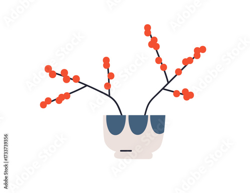 Christmas holiday decoration. Red berry branches in pot, vase. Festive decor, Xmas plant, winter seasonal natural ornament, sprigs, twigs. Flat vector illustration isolated on white background