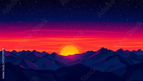 Vibrant sunset over geometric mountains, starry night sky, vector illustration,  serene,  silhouette