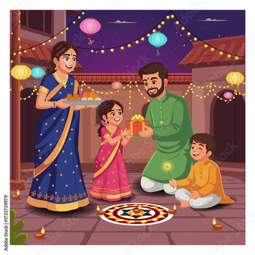 Happy Indian Family Celebrating Diwali with Lights and Firecrackers – Vector Illustration