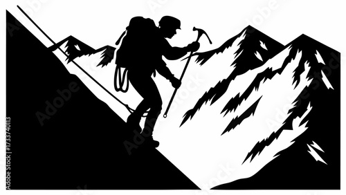 Silhouette of a mountain climber with an ice axe ascending a snow covered mountain with a backpack on