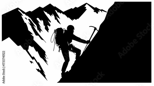 Silhouette of a mountain climber ascending a steep cliff face with snowy peaks in the background scenery