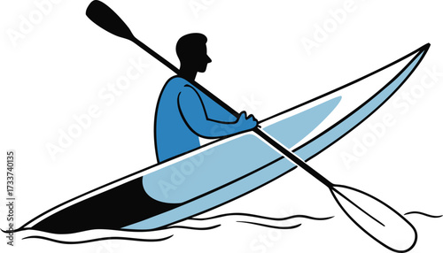Silhouette of a person kayaking on blue water canoe vector illustration EPS file download.
