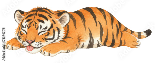a watercolor painting of a cute baby tiger lying down and sleeping 