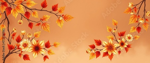 Warm brown autumn watercolor foliage & flowers Thanksgiving design,  invitation,  plant