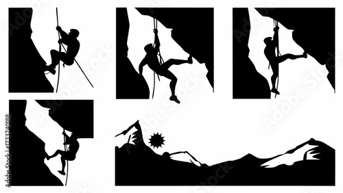 Silhouettes of rock climbers on cliffs with ropes and a mountain range landscape under a shining sun