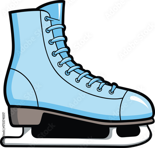Stylized light blue ice skate with black outline and white background figure skating vector illustration EPS file download.
