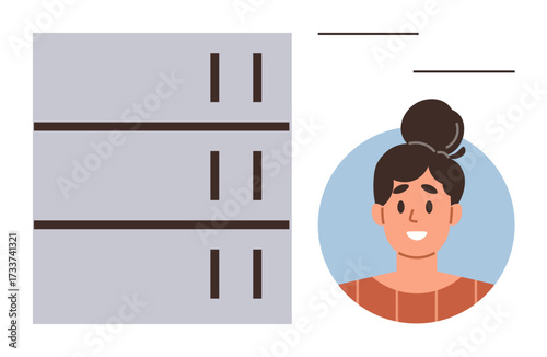 Smiling woman portrait near server racks representing user interaction, data storage, account management. Ideal for technology, networking, database, security, cloud computing, IT administration