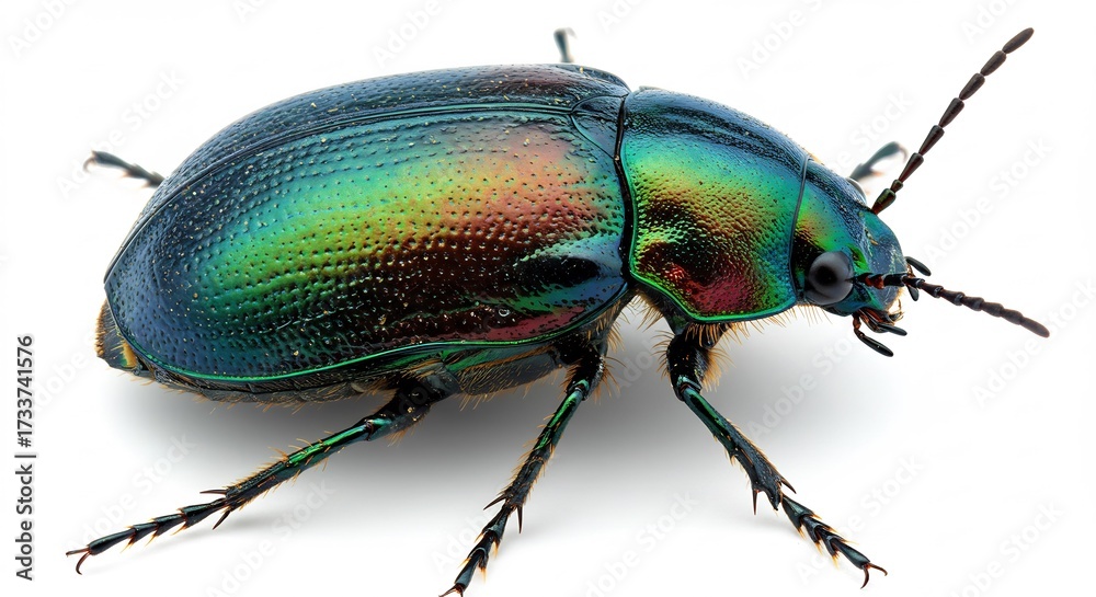 Naklejka premium Macro shot reveals a stunning iridescent beetle displaying its shimmering green blue metallic shell