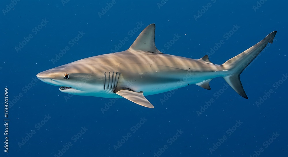 Fototapeta premium Underwater shot of a sleek shark swimming in a vibrant blue ocean environment