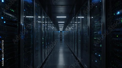 Interior of a server room with rows of equipment and a long, illuminated aisle