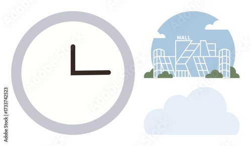 Clock face with bold minute and hour hands, modern shopping mall facade, and fluffy cloud. Ideal for time management, urban living, retail industry, scheduling, lifestyle concepts, simplicity themes