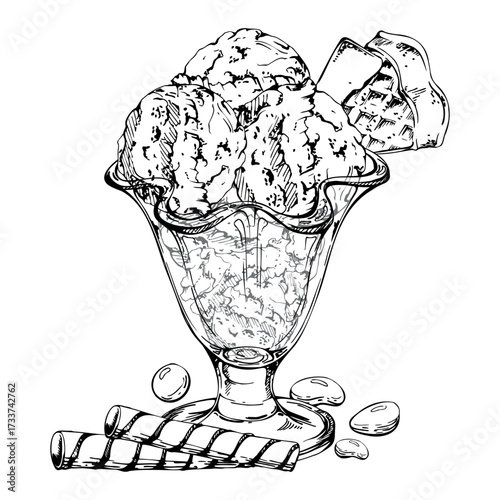 Sorbet gelato ice cream ball in transparent glass sundae dish, waffle roll decor, bonbon sugar candy dragee. graphic illustration hand drawn in vector ink. Rustic cafe, frozen label art, summer flyer