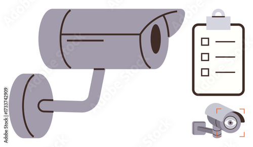 Wall-mounted security camera and checklist highlighting surveillance, task management, and operational efficiency. Ideal for security, monitoring, safety, management, planning, compliance data