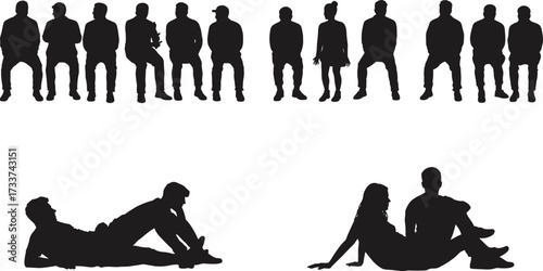 PrintSilhouette people sitting, standing, reclining, human posture collection, body language illustration, ergonomic poses, black figures, social interaction, vector design, stock art