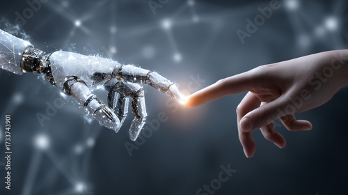 Human Hand Connecting with Robot Hand, Innovation and AI Symbolism, Generative AI