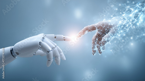 robot hand touching human hand, future technology, AI technology, Generative AI
