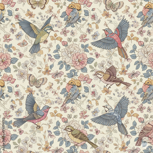 Canvas Print seamless chintz pattern with birds and flowers - watercolour art