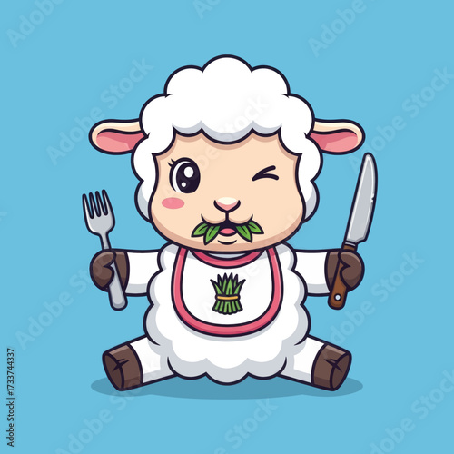 Cute cartoon sheep character winking and eating asparagus with a fork and knife, wearing a bib on a blue background.