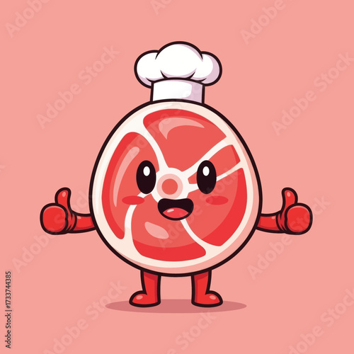 A cute cartoon raw meat character wearing a chef hat and giving a thumbs up gesture with both hands, smiling happily against a pink background.