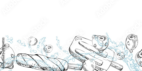 Ice lolly popsicle in cherry fruit juice splash and berry storm, waves and drops. graphic seamless banner border header hand drawn in vector ink. Sweet product sticker, recipe card, fruity cafe art