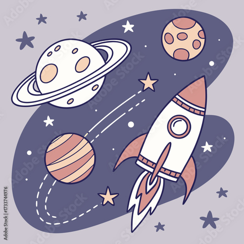 Cute Outer Space Doodle Set: Spaceships and Planets Collection