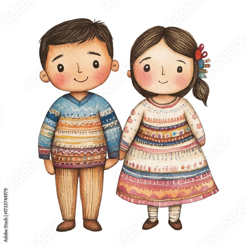 Cute cartoon boy and girl holding hands wearing sweaters.