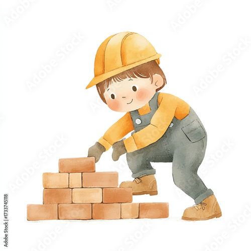 Cute cartoon boy builder laying bricks in construction uniform.