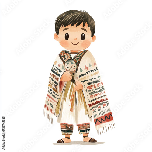 Cute cartoon boy wearing a traditional indigenous folk costume.