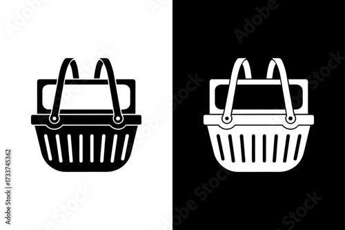 Grocery Basket Icon on Black and White Background.