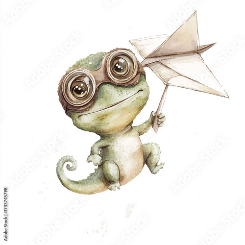 Cute cartoon chameleon wearing aviator goggles holding a paper airplane.