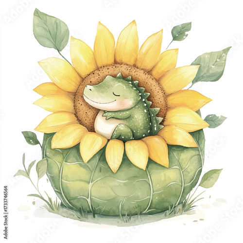 Cute cartoon crocodile sleeping in sunflower.