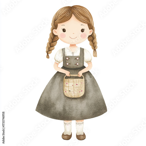 Cute cartoon girl with braided hair holding a basket.