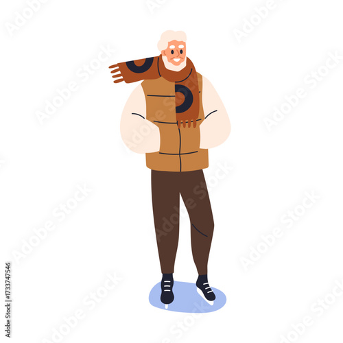 Senior old aged man skating on ice rink. Happy elderly male in scarf, smiling during winter leisure activity, outdoor fun and entertainment. Flat vector illustration isolated on white background