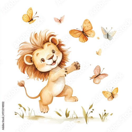 Cute cartoon lion cub playing with butterflies.