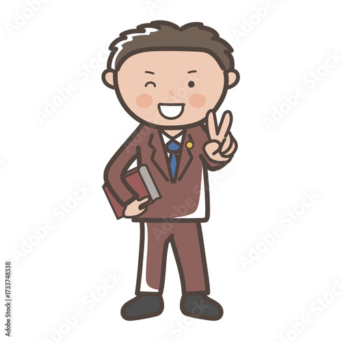 ピースをしてウインクする男性弁護士の全身イラスト