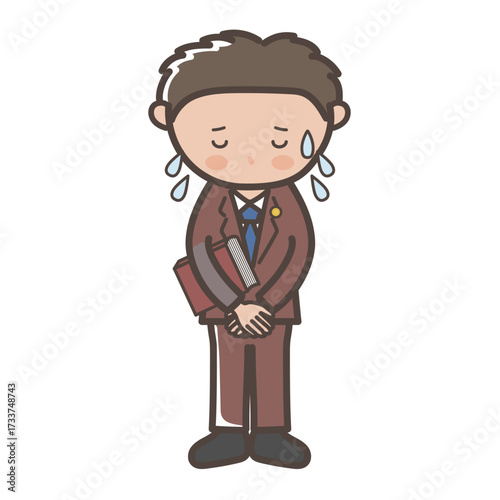 大汗をかいて謝罪する男性弁護士の全身イラスト
