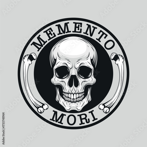 Detailed black and white badge logo illustration of a human skull with bones