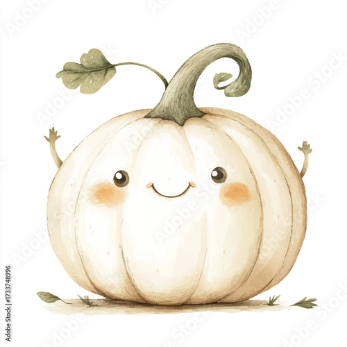 Cute cartoon white pumpkin with happy face and arms raised.