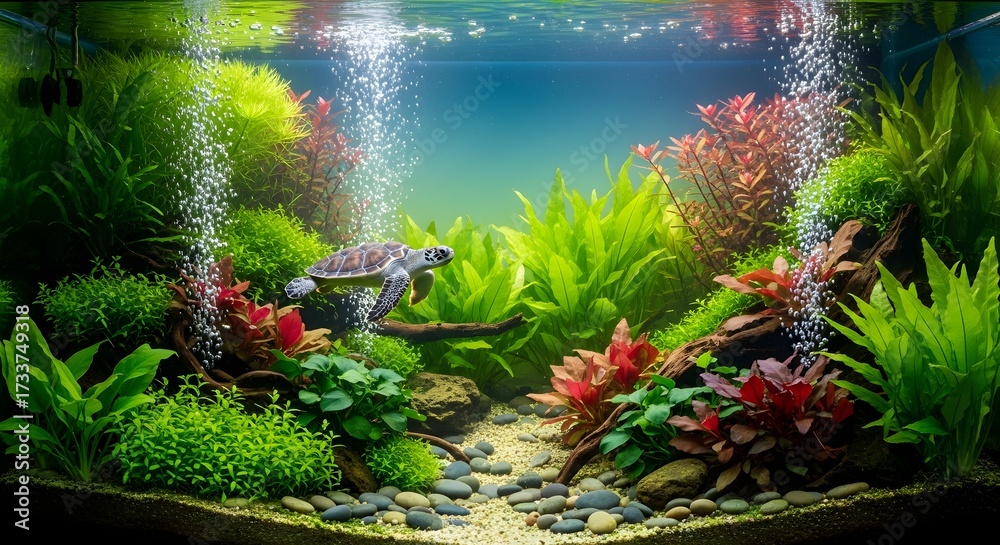 Obraz premium Aquatic Ecosystem with Turtle Underwater Plants Bubbles