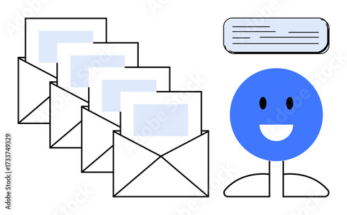 Smiling blue figure with envelopes and message notifications, emphasizing communication, organization, productivity, teamwork. Ideal for email management, digital marketing, contact efficiency