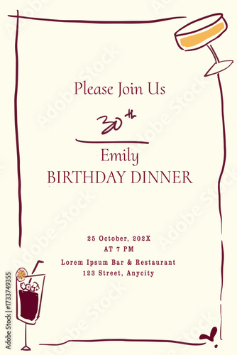 birthday party bar and mocktail illustration bar resto adult invitation card