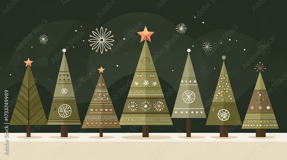 Obraz premium Christmas tree collection, decorated with stars and patterns, on dark green background, front view, copy space.