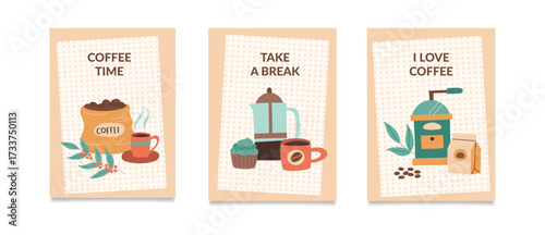 A coffee concept. A set of coffee cards. Concept of taking a break. Vector flat posters.