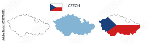 Czech country geographical borders isolated on white background. Flag of Czech. Vector flat cliparts.