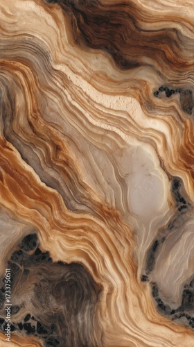 Seamless pattern of intricate natural stone textures with flowing lines and undulating waves in deep earthy browns,