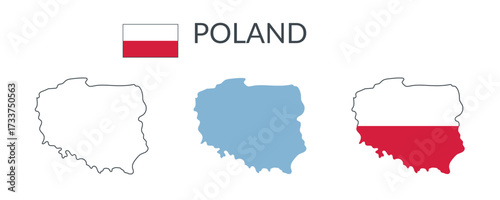 Poland country geographical borders isolated on white background. Flag of Poland. Vector flat cliparts.
