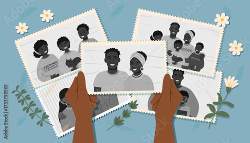 Human hands holding an old photo. Vintage and old photos cliparts. Concept of memories, generations, genes and aging. Vector flat banner.